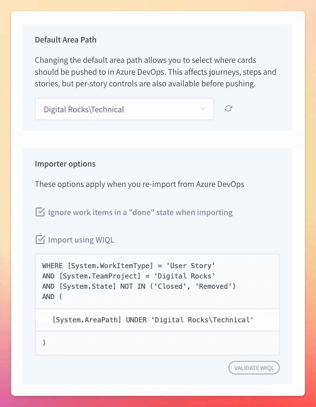 Example integration configuration for existing story maps with Azure DevOps integrations