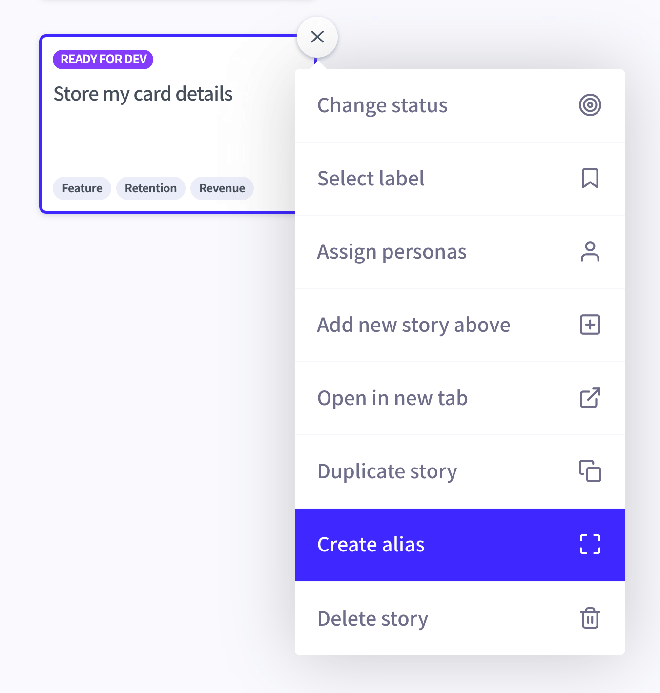 Create a new alias by using the story context menu