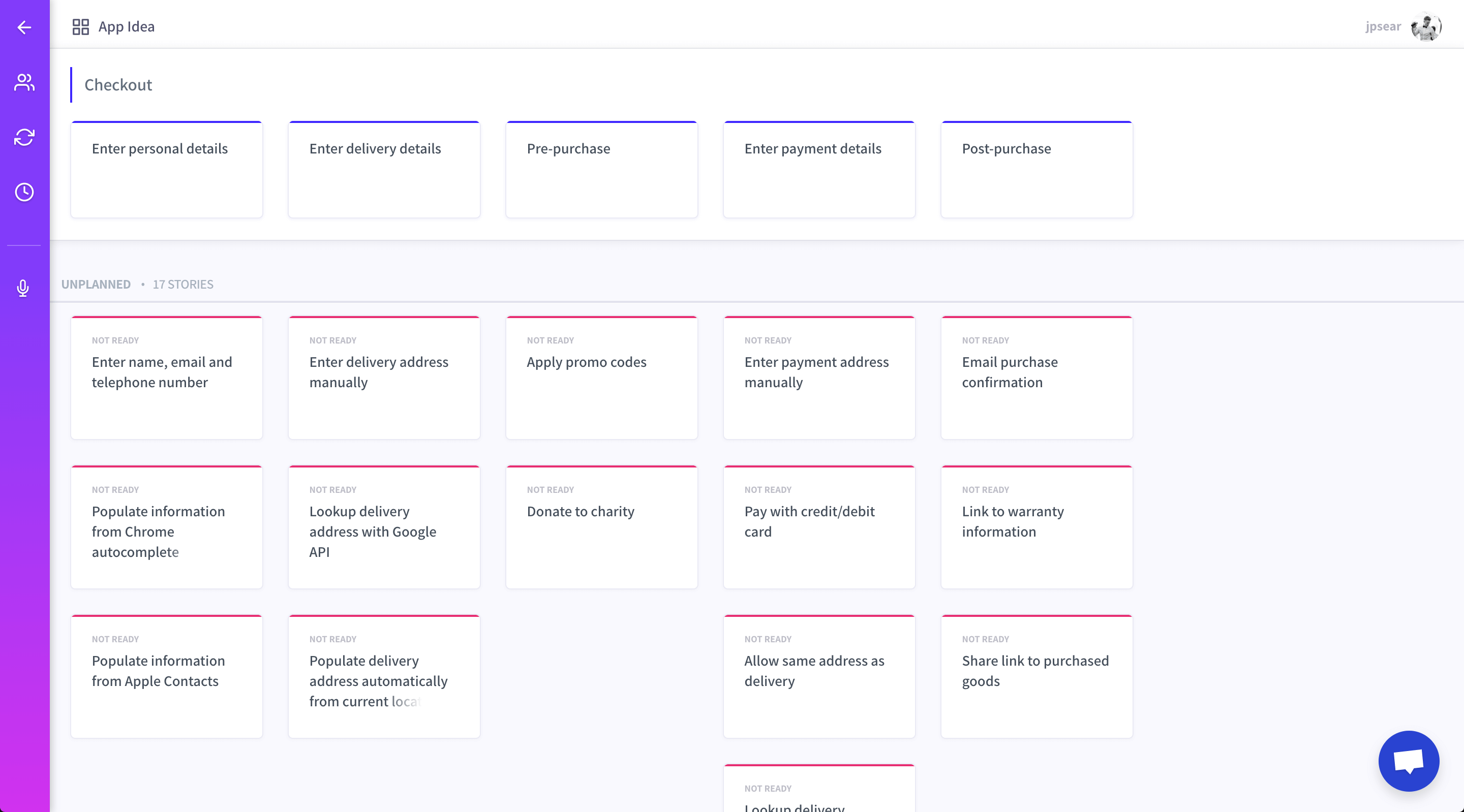 User stories for the checkout in a story map